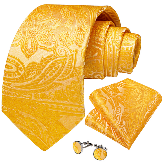 Gold  Paisley Tie Pocket Square Cufflinks Set- DG-N-8773