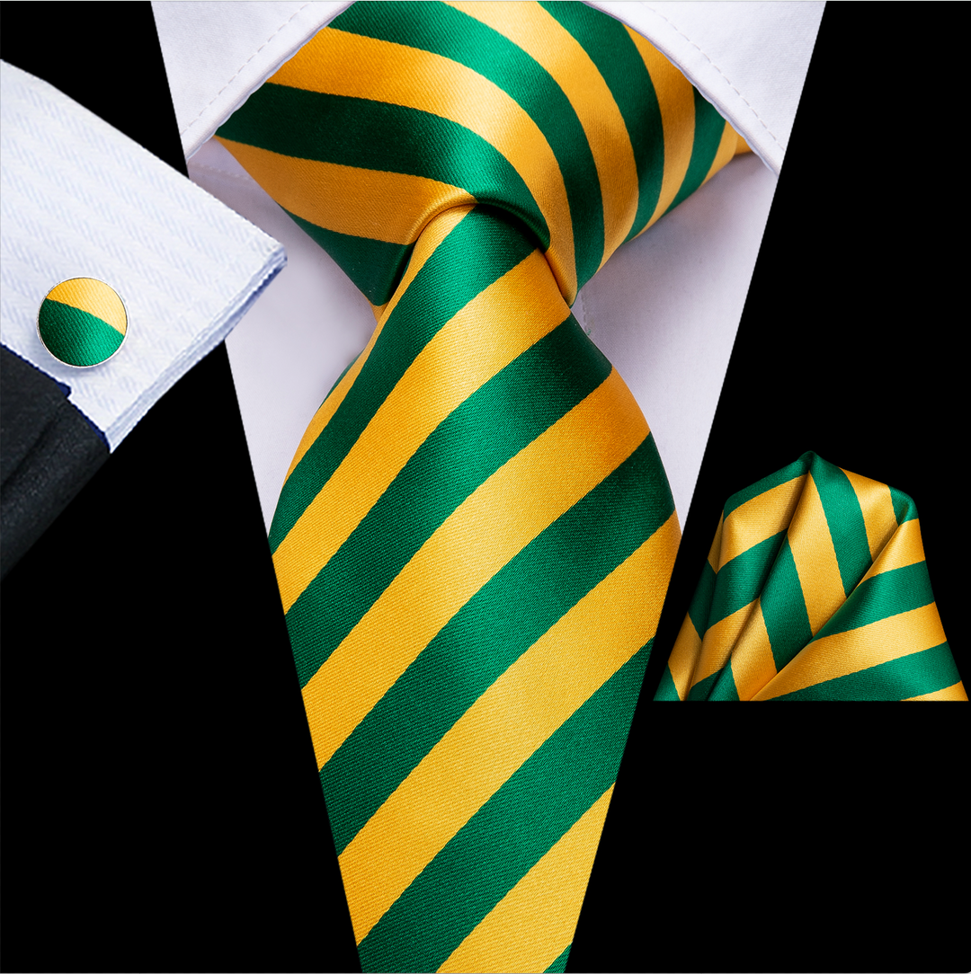 Men's Tie Yellow Green Striped Tie Pocket Square Cufflinks Set-N-3370