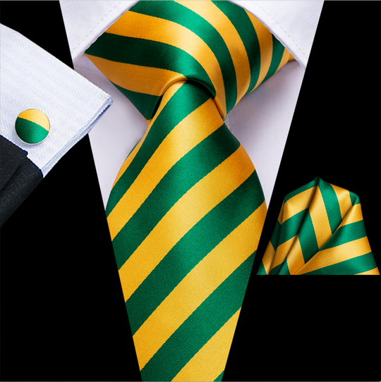Men's Tie Yellow Green Striped Tie Pocket Square Cufflinks Set-N-3370