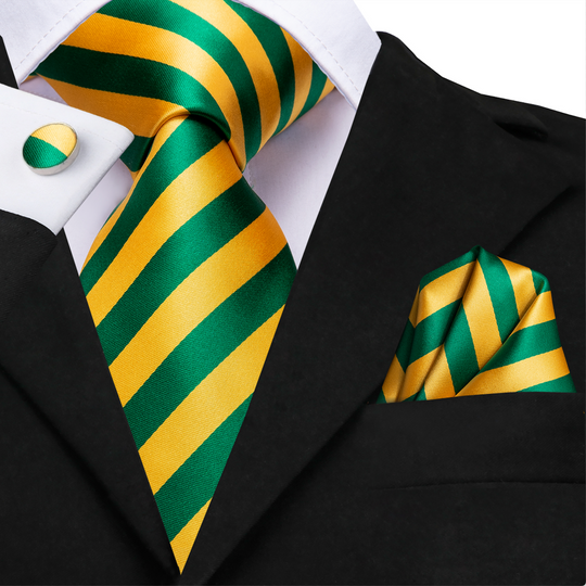 Men's Tie Yellow Green Striped Tie Pocket Square Cufflinks Set-N-3370