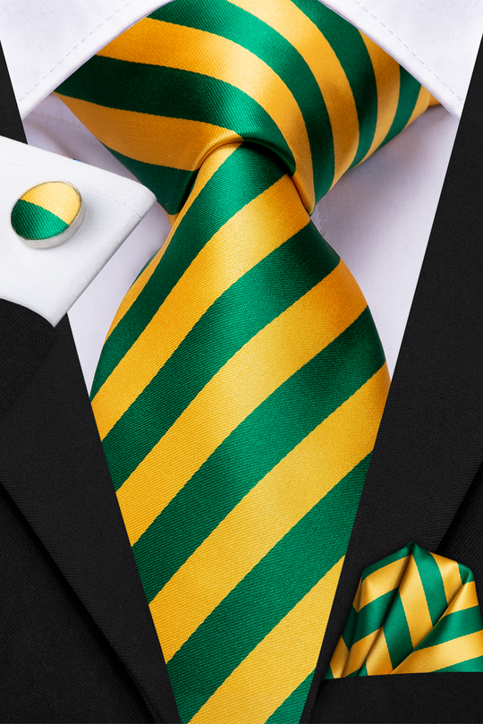 Men's Tie Yellow Green Striped Tie Pocket Square Cufflinks Set-N-3370