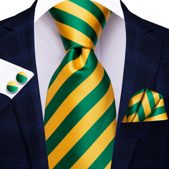 Men's Tie Yellow Green Striped Tie Pocket Square Cufflinks Set-N-3370