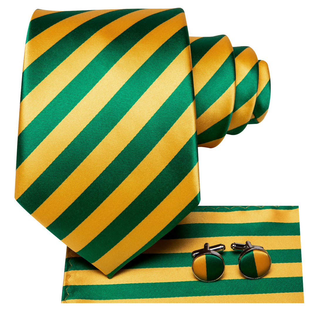 Men's Tie Yellow Green Striped Tie Pocket Square Cufflinks Set-N-3370
