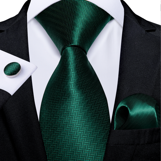 Dark Green Novelty Woven Tie Pocket Square Cufflinks Set- N-7366