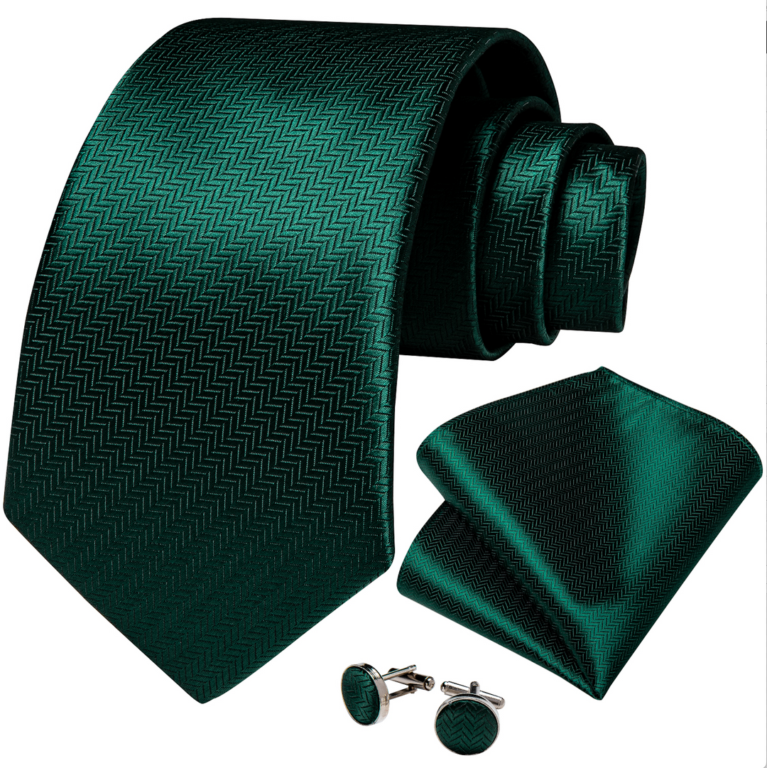 Dark Green Novelty Woven Tie Pocket Square Cufflinks Set- N-7366