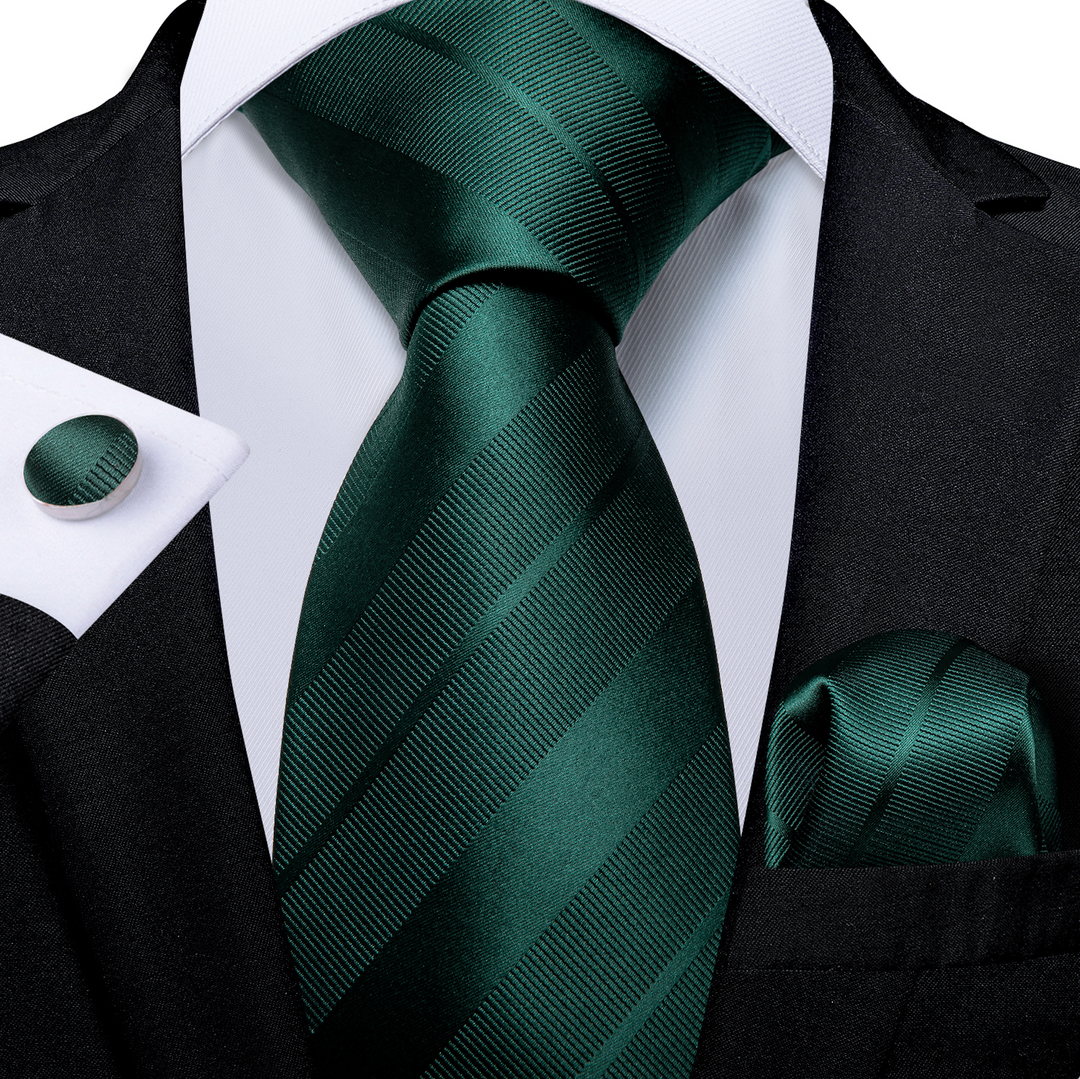 Dark Green stripe Tie Pocket Square Cufflinks Set- N-7222