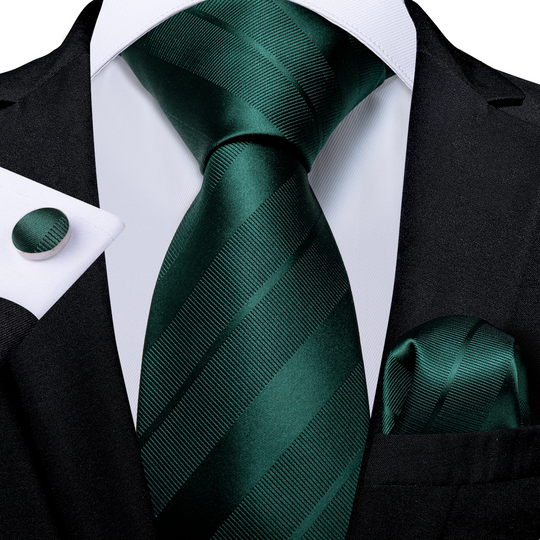 Dark Green stripe Tie Pocket Square Cufflinks Set- N-7222