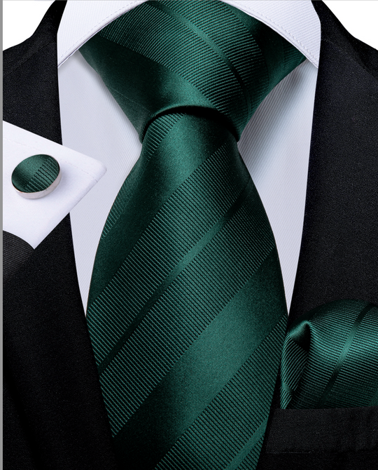 Dark Green stripe Tie Pocket Square Cufflinks Set- N-7222