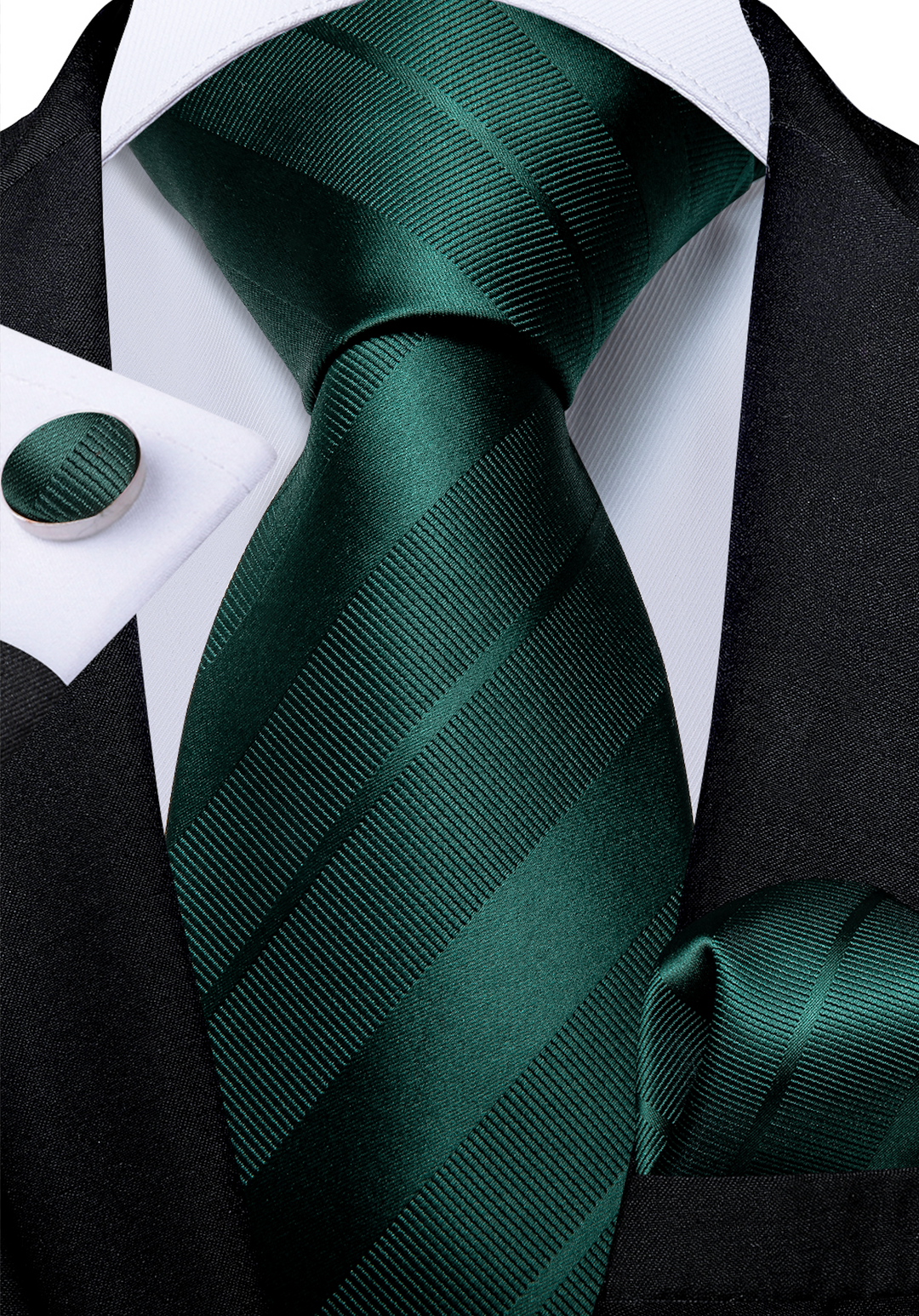 Dark Green stripe Tie Pocket Square Cufflinks Set- N-7222