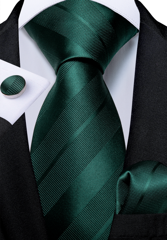 Dark Green stripe Tie Pocket Square Cufflinks Set- N-7222