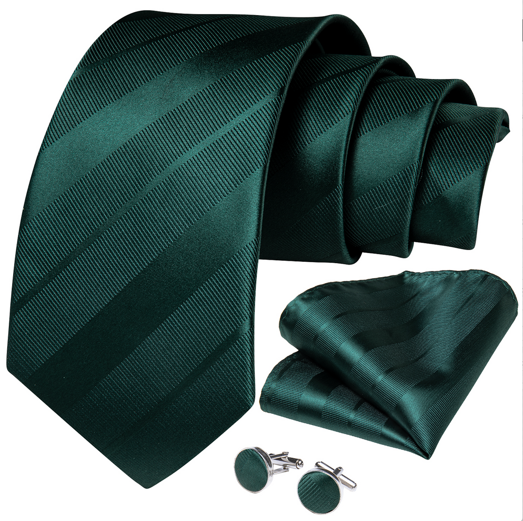 Dark Green stripe Tie Pocket Square Cufflinks Set- N-7222