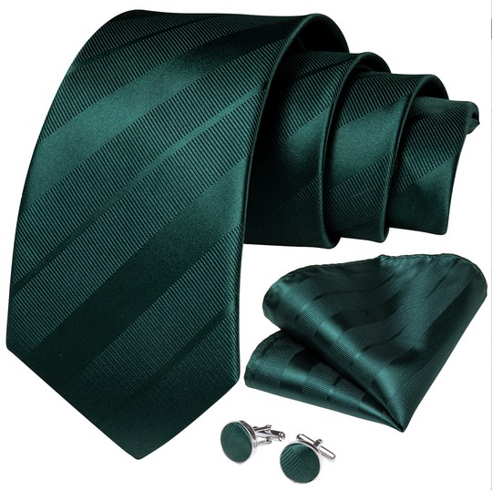 Dark Green stripe Tie Pocket Square Cufflinks Set- N-7222