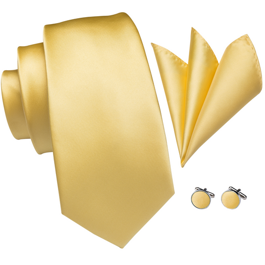 Ties for Men Luxury Yellow Solid Necktie Hanky Cufflinks Set- N-3264