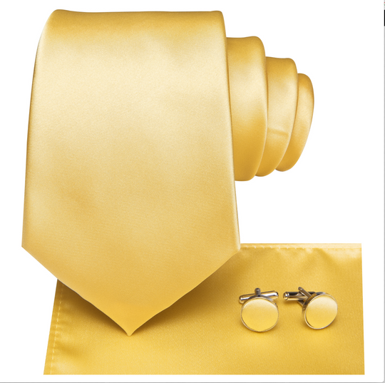 Ties for Men Luxury Yellow Solid Necktie Hanky Cufflinks Set- N-3264
