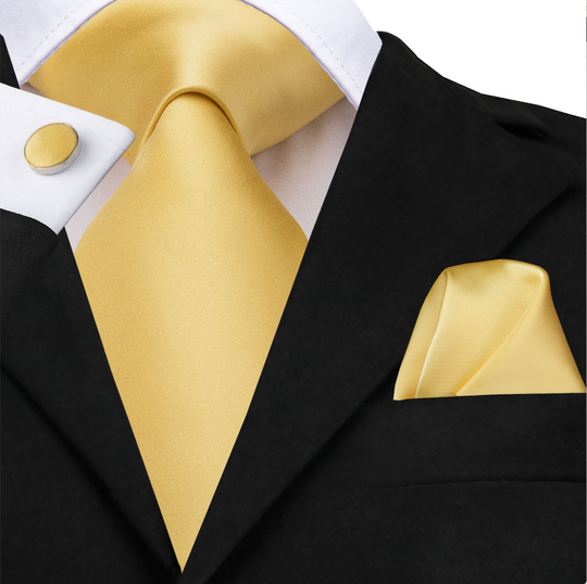 Ties for Men Luxury Yellow Solid Necktie Hanky Cufflinks Set- N-3264