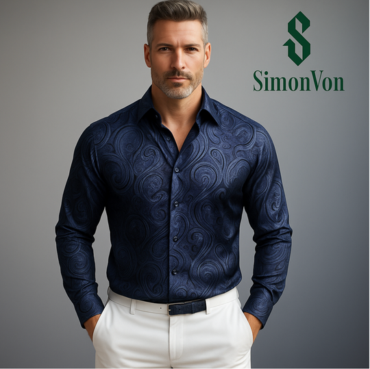 Midnight Blue Paisley Windsor Collar Shirt-CY-0402
