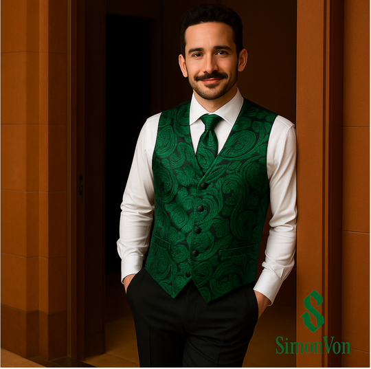 Simon Von Green Paisley Jacquard Silk Waistcoat  Vest Handkerchief Cufflinks  Tie  Set- MJ0149