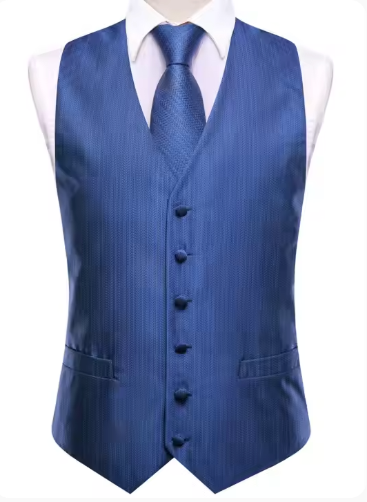 Steel Blue 4-piece Solid Waistcoat and Necktie Pocket Square Cufflink Vest  Set- MJ-3558