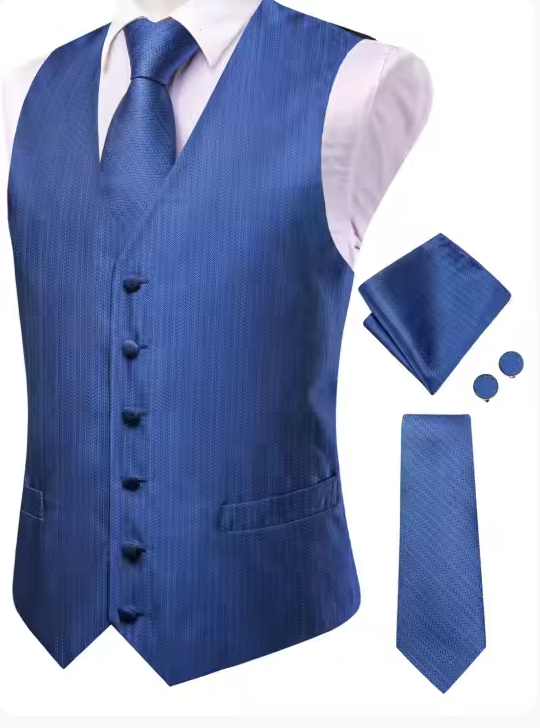 Steel Blue 4-piece Solid Waistcoat and Necktie Pocket Square Cufflink Vest  Set- MJ-3558