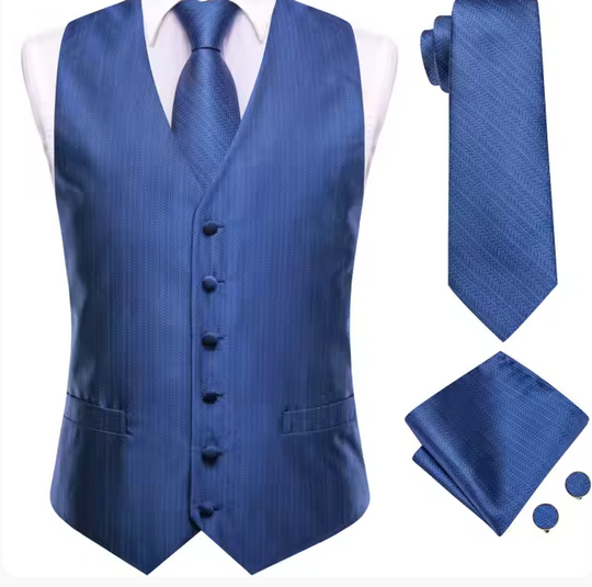 Steel Blue 4-piece Solid Waistcoat and Necktie Pocket Square Cufflink Vest  Set- MJ-3558