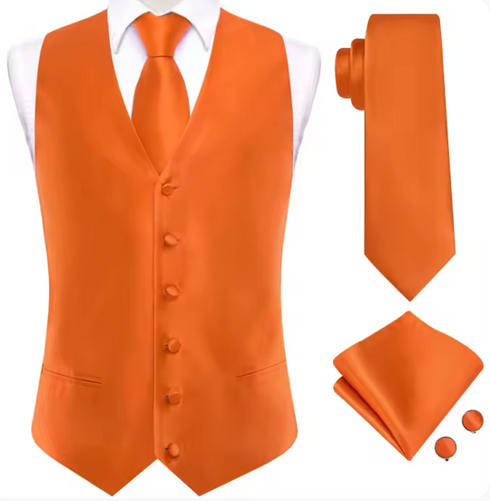 Orange Solid   Waistcoat Silk Style Men's Single Vest - MJ3516