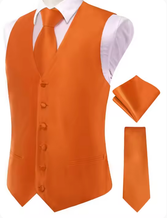 Orange Solid   Waistcoat Silk Style Men's Single Vest - MJ3516