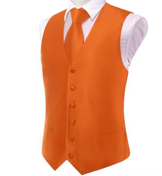 Orange Solid   Waistcoat Silk Style Men's Single Vest - MJ3516