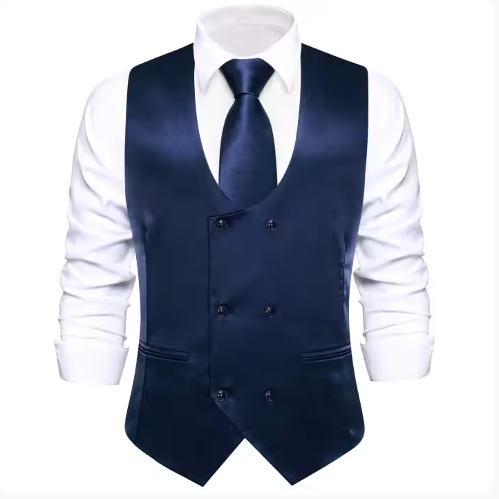 Dark Blue Solid U-Neck Double-Breasted Vest Set- MJ-3255