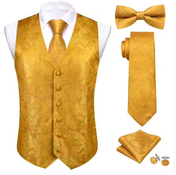 Golden paisley Jacquard V Neck Vest Necktie and  Bow Tie Handkerchief Cufflinks Set- DPT-MJTZ-2808