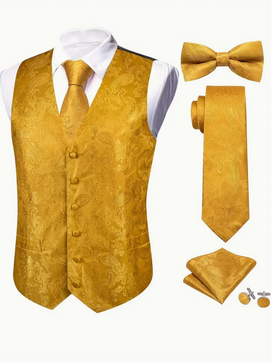 Golden paisley Jacquard V Neck Vest Necktie and  Bow Tie Handkerchief Cufflinks Set- DPT-MJTZ-2808