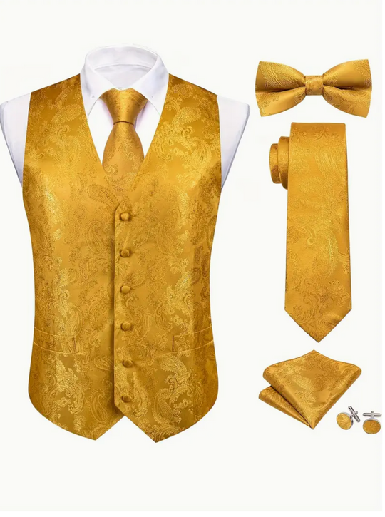 Golden paisley Jacquard V Neck Vest Necktie and  Bow Tie Handkerchief Cufflinks Set- DPT-MJTZ-2808