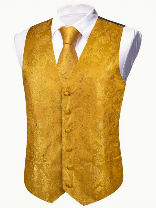 Golden paisley Jacquard V Neck Vest Necktie and  Bow Tie Handkerchief Cufflinks Set- DPT-MJTZ-2808