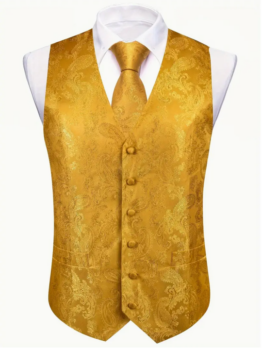 Golden paisley Jacquard V Neck Vest Necktie and  Bow Tie Handkerchief Cufflinks Set- DPT-MJTZ-2808
