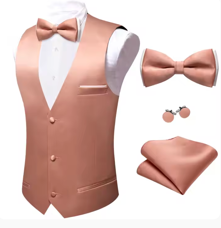 Coral Pink Solid  Vest  Bowtie Set- BW-MJ-0042