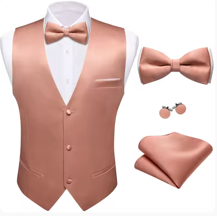Coral Pink Solid  Vest  Bowtie Set- BW-MJ-0042