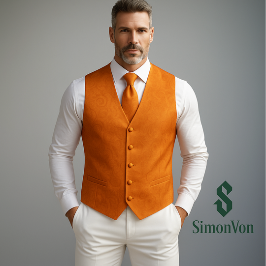 Orange Solid   Waistcoat Silk Style Men's Single Vest - MJ3516