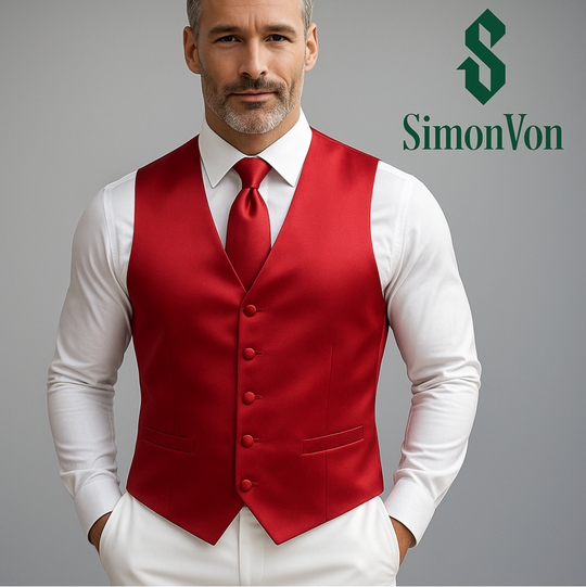 RED SOLID SATIN WAISTCOAT VEST TIE HANDKERCHIEF CUFFLINKS SET-BW-MD-0037