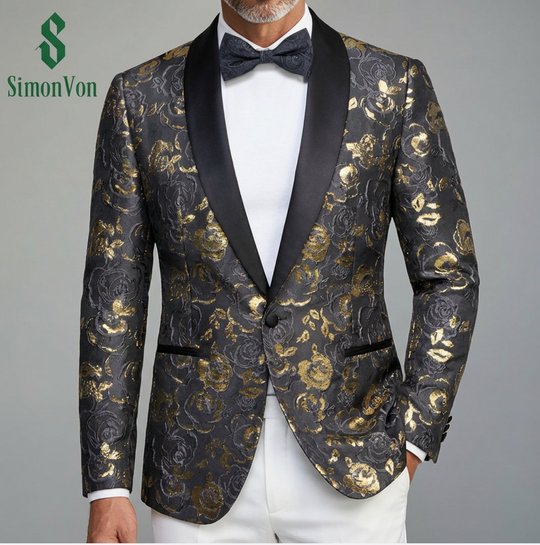 Luxury Black Golden Floral Men's Suit Set-XX-1032