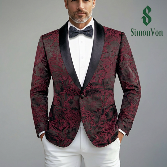 Simon Von  Dress Party Maroon Black Suit Jacket Slim One Button Stylish Blazer-XX-1025