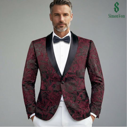 Simon Von  Dress Party Maroon Black Suit Jacket Slim One Button Stylish Blazer-XX-1025
