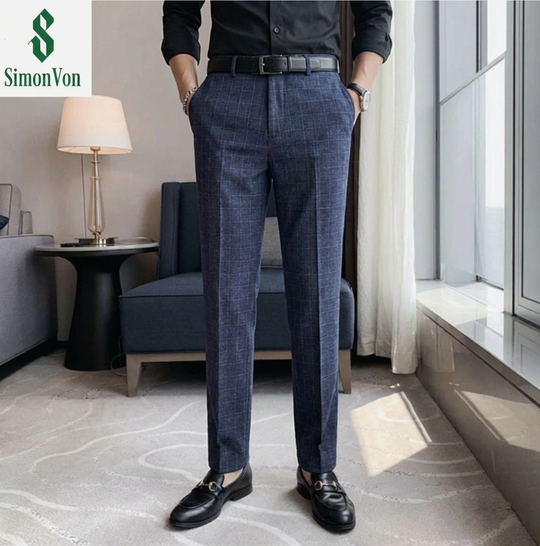 Men's Fashion Business-Men Style Dress Pants Stretch Woven Fabric Trousers - Blue  Plaid 9886