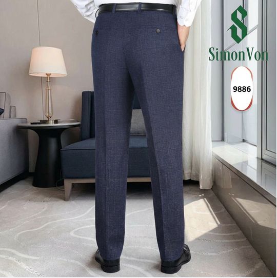 Men's Fashion Business-Men Style Dress Pants Stretch Woven Fabric Trousers - Blue  Plaid 9886