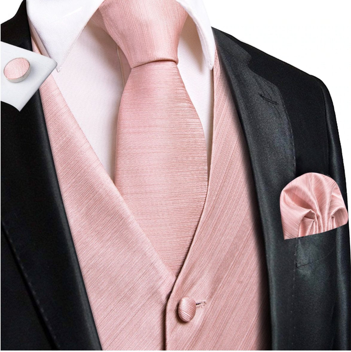 Baby Pink Solid Silk Men's Vest Hanky Cufflinks Tie Set Waistcoat Set.MJ-0033 - SimonVon Shop
