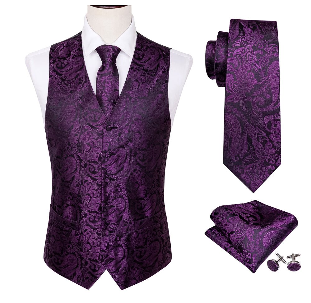 Black and Purple Silk 4pc Waistcoat Vest Necktie Pocket Square Cufflinks Set - MJ - 2038 - SimonVon Shop