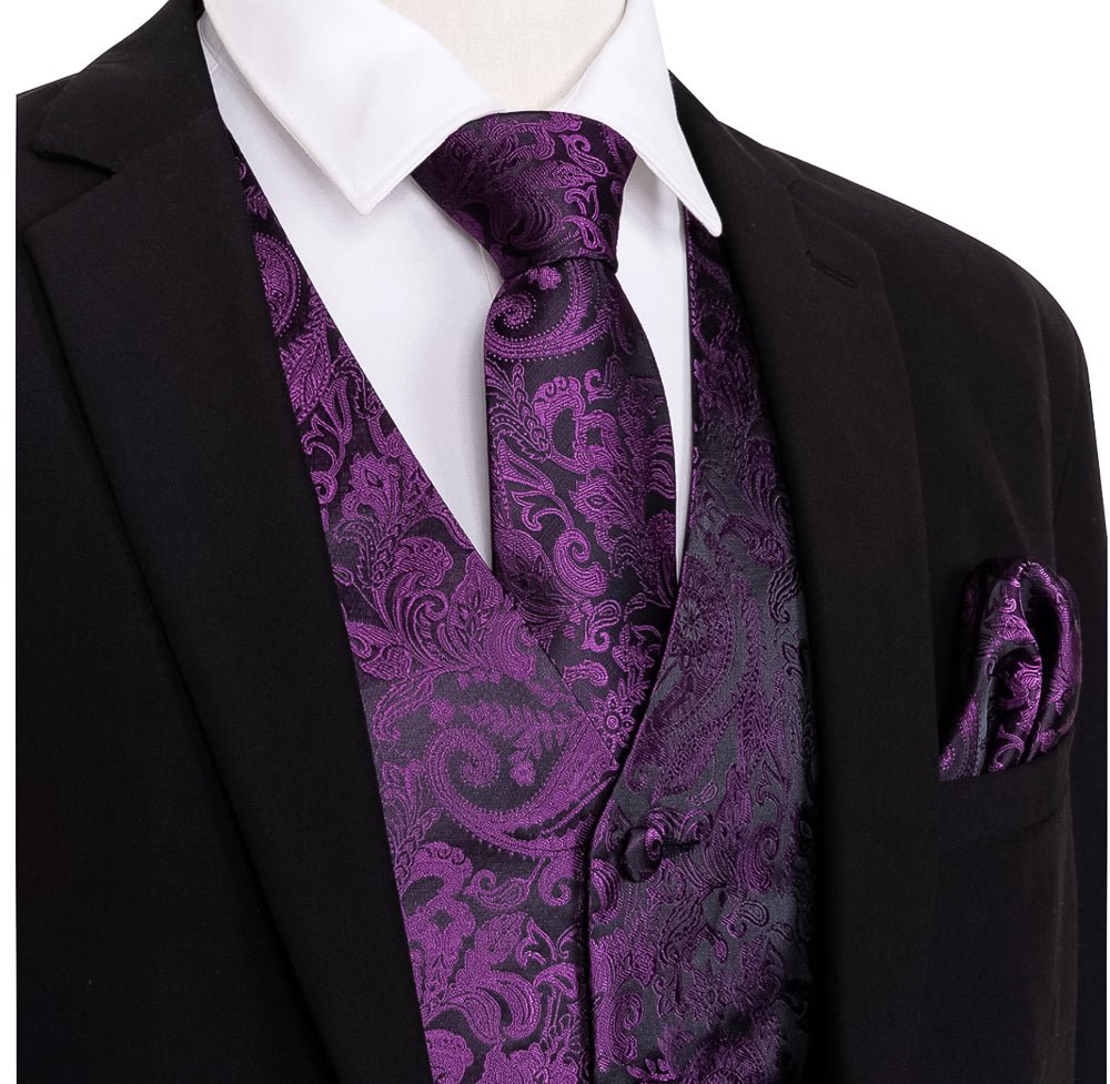 Black and Purple Silk 4pc Waistcoat Vest Necktie Pocket Square Cufflinks Set - MJ - 2038 - SimonVon Shop