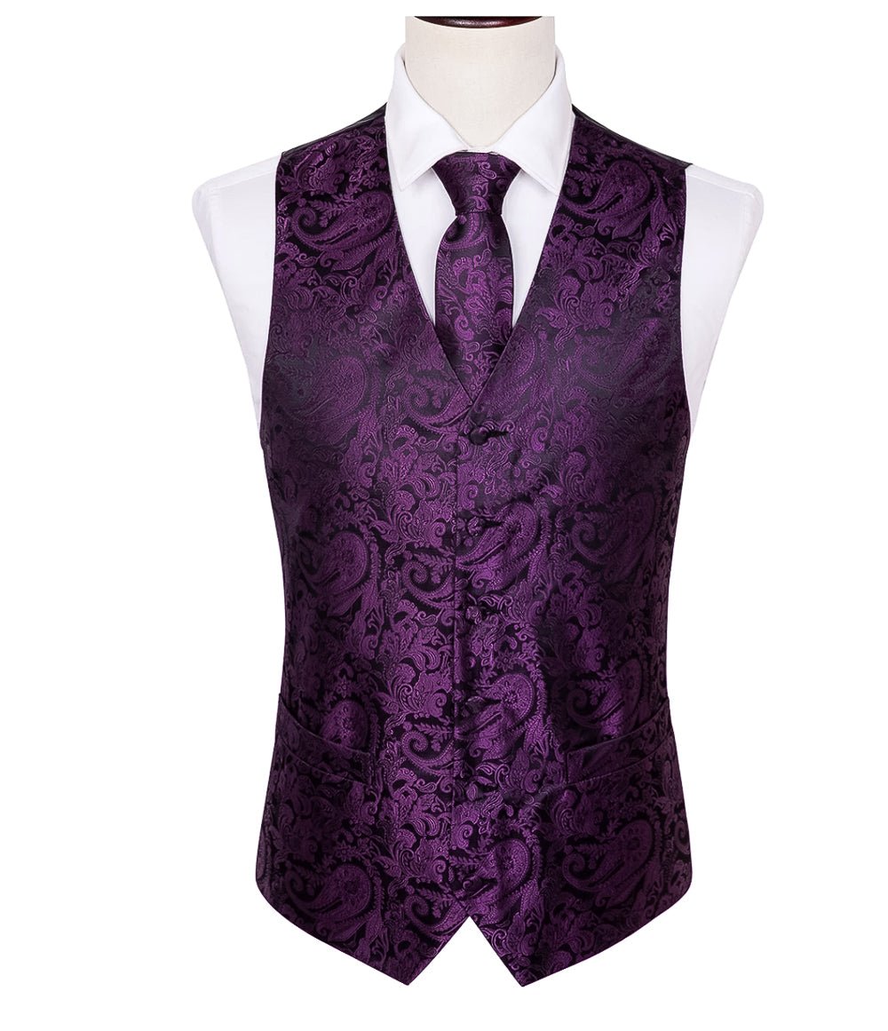 Black and Purple Silk 4pc Waistcoat Vest Necktie Pocket Square Cufflinks Set - MJ - 2038 - SimonVon Shop