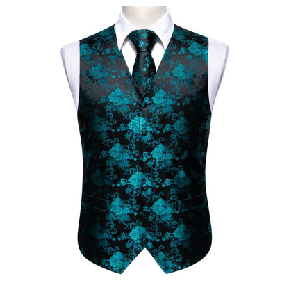 Black Blue Floral Silk Vest Necktie Pocket Square Cufflinks Set - MJ - 2540 - SimonVon Shop