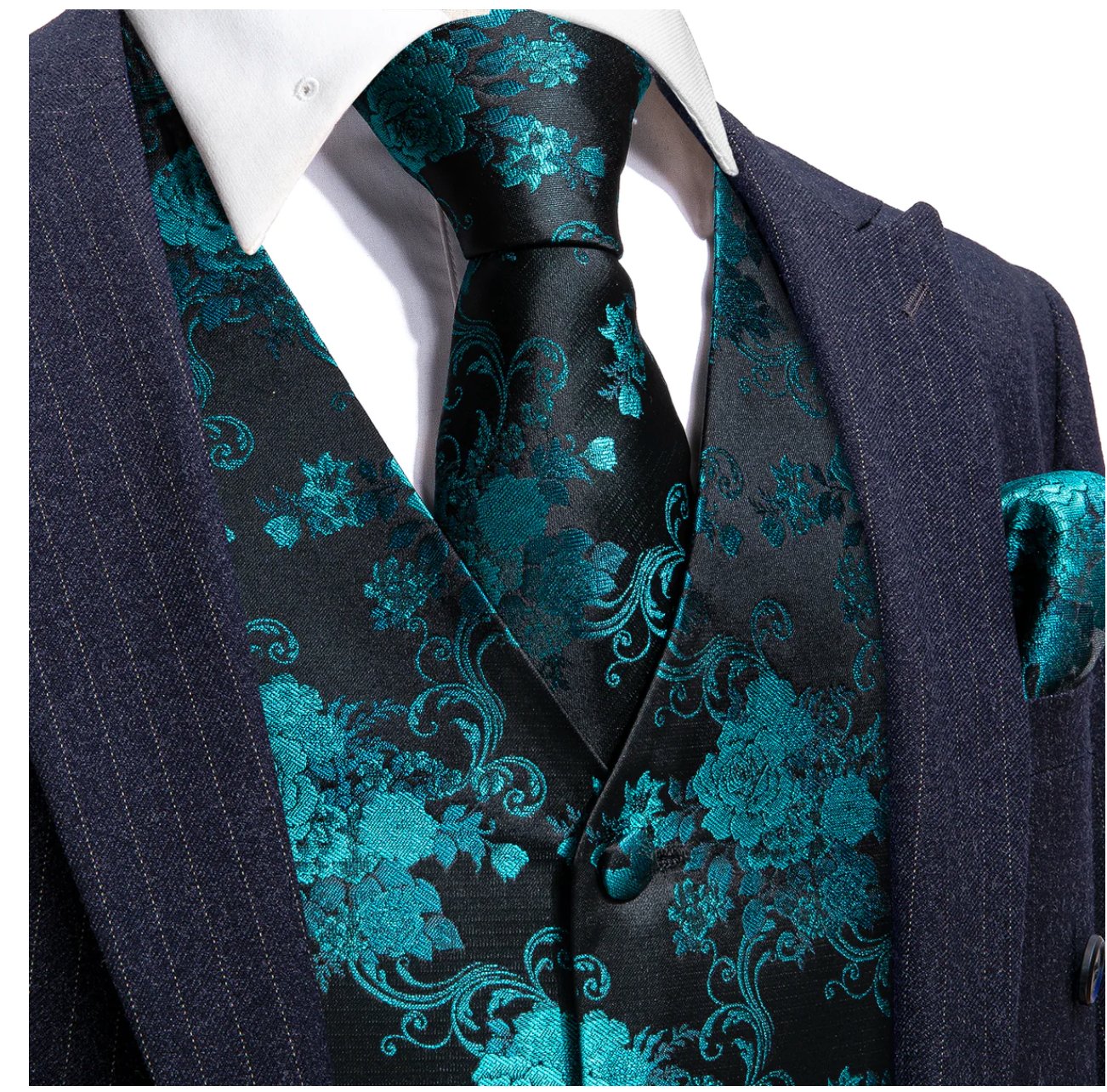 Black Blue Floral Silk Vest Necktie Pocket Square Cufflinks Set - MJ - 2540 - SimonVon Shop