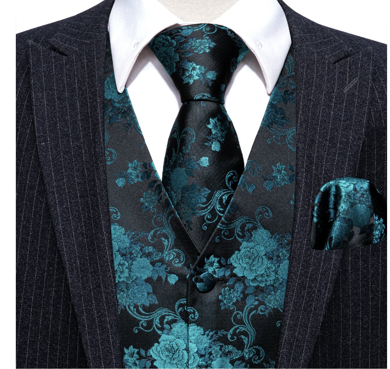 Black Blue Floral Silk Vest Necktie Pocket Square Cufflinks Set - MJ - 2540 - SimonVon Shop