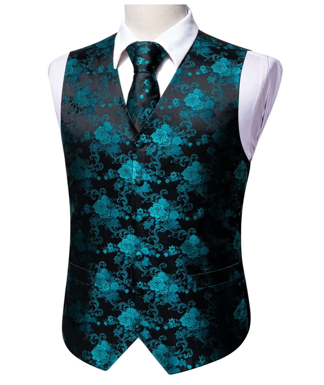 Black Blue Floral Silk Vest Necktie Pocket Square Cufflinks Set - MJ - 2540 - SimonVon Shop